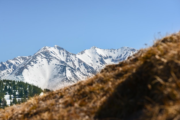 Bela vista das montanhas nevadas com céu azul, durante o dia ensolarado da primavera. Tatras ocidentais.