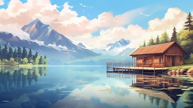 bela vista de casa de madeira sobre o lago com montanha em ilustração de desenho animado anime