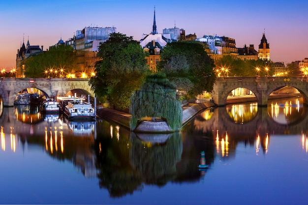 Bela vista de ile de la cite e pont neuf ao nascer do sol em paris frança como visto de pont des arts