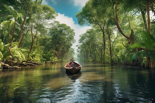 Bela vista de um barco flutuando em um rio exótico Generative AI