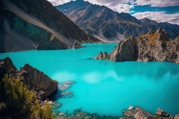 Bela vista de um lago turquesa cercado por montanhas na vertical