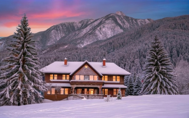 Bela vista de uma casa privada no inverno É véspera de Natal e muita neve A casa na floresta