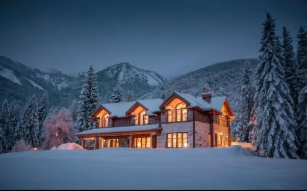 Bela vista de uma casa privada no inverno É véspera de Natal e muita neve A casa na floresta