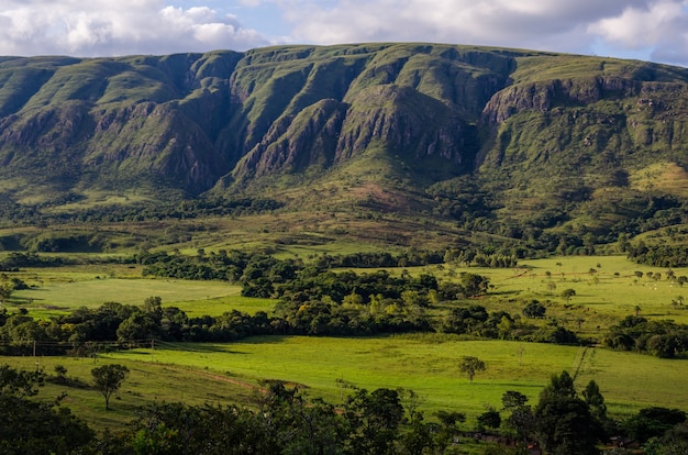 Bela vista de uma paisagem de colinas arborizadas sob um céu azul