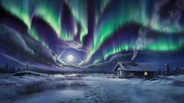 Bela vista de uma paisagem noturna de inverno com aurora boreal e o moontromso