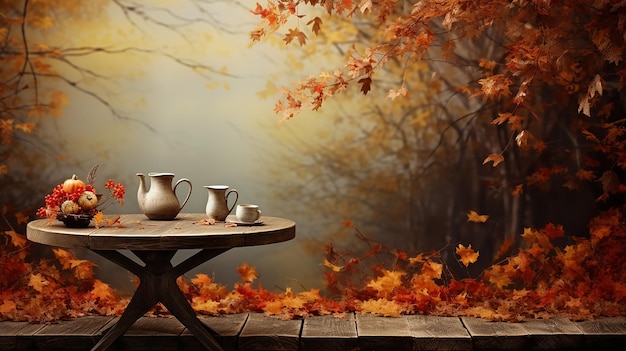 bela vista do fundo da mesa de madeira e do outono