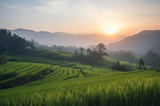 Bela vista matinal com nascer do sol e campos de arroz verdes e montanhas azuis