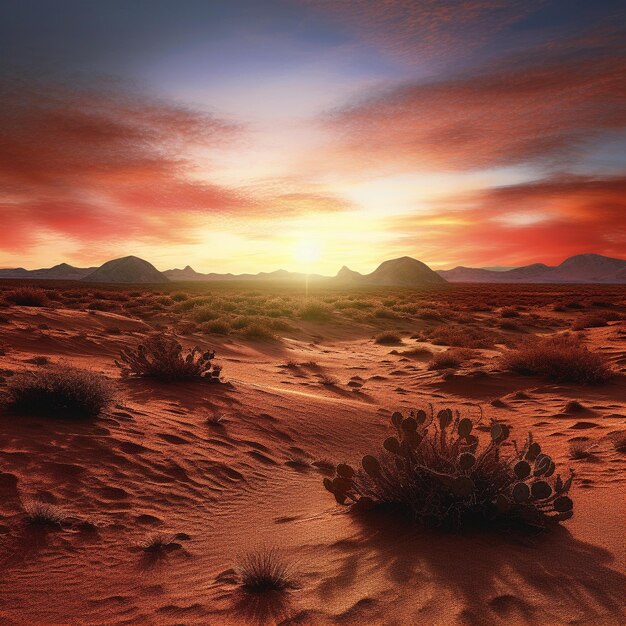 Foto bela vista natural do pôr-do-sol de um deserto com arbustos e plantas