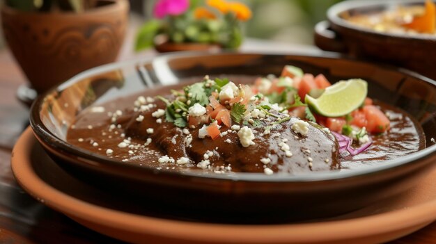 Belamente apresentado prato de mole a quintessência do prato mexicano