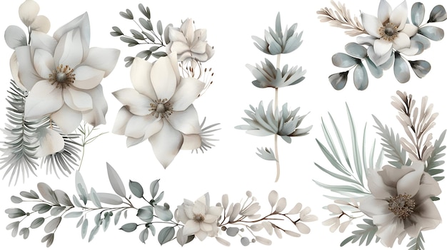 Belamente detalhado aquarela floral e botânica Clipart Set em paleta de cores neutras