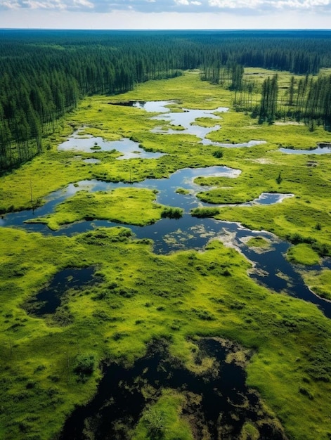 Belarús vista aérea de un pequeño pantano verde pantano pantano humedal en un paisaje de bosque verde en un día de verano