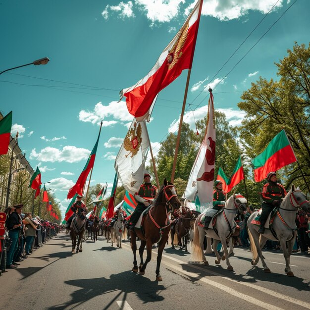 Belarusian May Day Parade Flags Festival Horse Riders Straßenbild