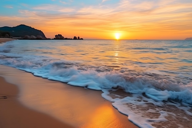 Belas águas claras com céu azul e água clara verão divertido com o pôr do sol