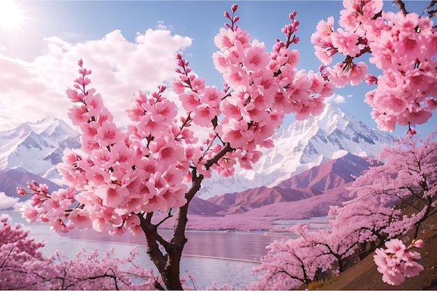 Belas ameixas de cereja rosa cereja selvagem do Himalaia como flor de sakura florescendo no norte