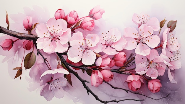 Belas aquarelas de galho de cerejeira em flor e ilustração de flor rosa de cereja sakura isolada em fundo branco