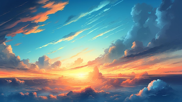 Belas artes vetoriais nascer do sol céu azul paisagem celeste com nuvens de fundo