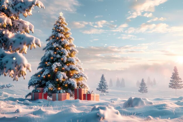 Belas árvores de Natal decoradas com caixas de presentes em uma paisagem de inverno com neve
