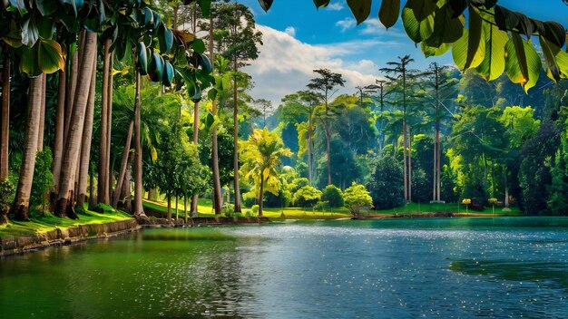 Belas árvores e um lago na plantação de borracha em Kerala, Índia