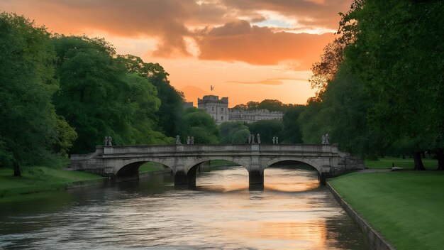 Foto belas árvores no parque com uma ponte sobre o rio ao pôr do sol em windsor, inglaterra