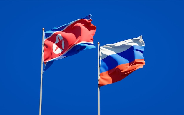 Belas bandeiras do estado nacional da Coreia do Norte e da Rússia juntos no céu azul. Arte 3D