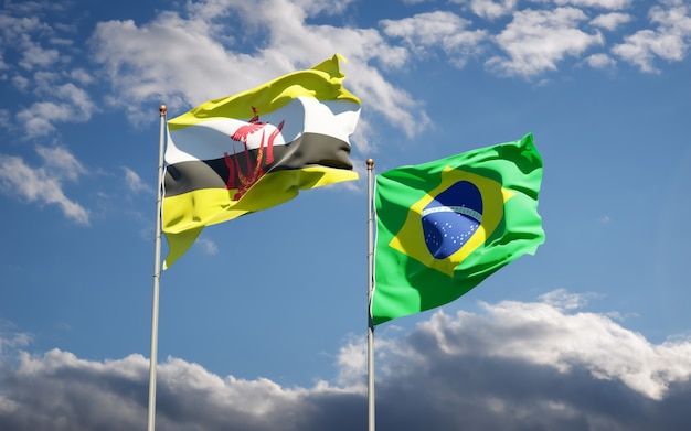 Belas bandeiras dos estados do Brasil e Brunei juntas no céu azul