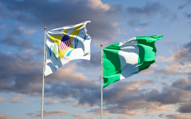 Belas bandeiras estaduais das Ilhas Virgens dos Estados Unidos e da Nigéria juntas no céu azul