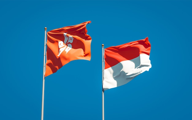 Belas bandeiras estaduais de Hong Kong, Hong Kong e Indonésia juntas no céu azul