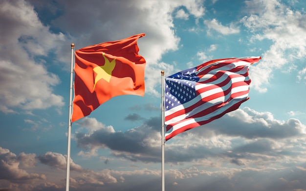 Belas bandeiras estaduais do Vietnã e dos EUA juntos