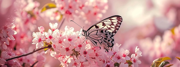 Belas borboletas em delicadas flores cor-de-rosa foco seletivo IA generativa