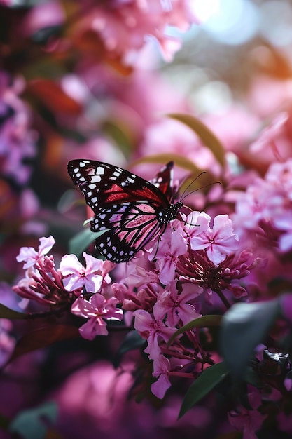 Belas borboletas em delicadas flores cor-de-rosa foco seletivo IA generativa