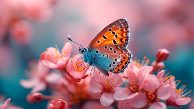 Belas borboletas em flores frescas da primavera