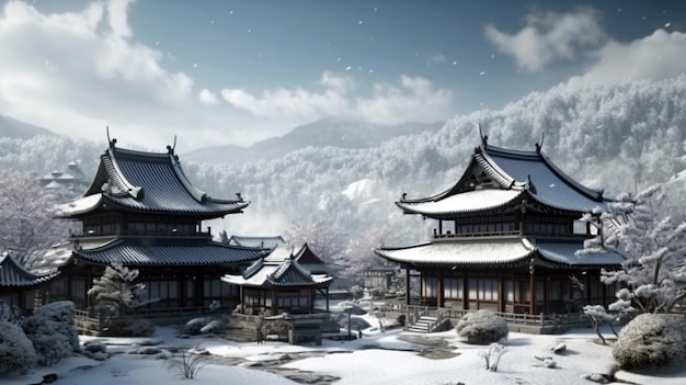 Belas casas e templos em estilo coreano O cenário da Coreia durante o inverno AI Generative