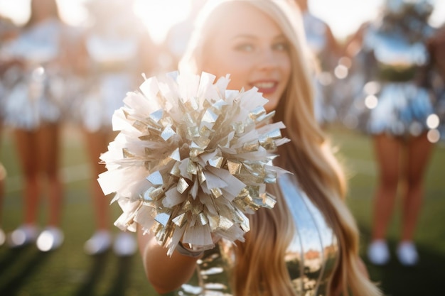 Belas cheerleaders com pompons no campo de futebol durante um dia ensolarado