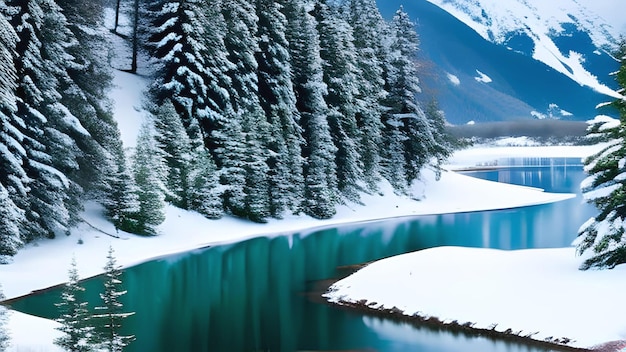 Belas colinas naturais vista para a montanha e o rio com lago de neve e dia ensolarado de inverno gerado por ai