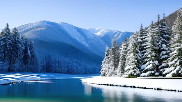 Belas colinas naturais vista para a montanha e o rio com lago de neve e dia ensolarado de inverno gerado por ai