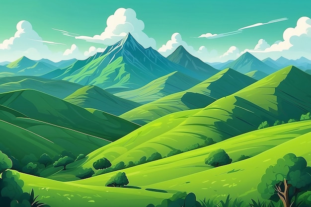 Belas colinas verdes, montanhas, céu e nuvens no estilo de desenho animado.