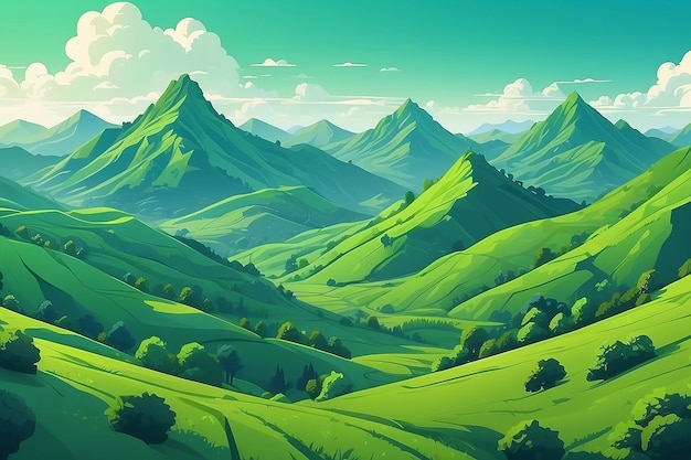 Belas colinas verdes, montanhas, céu e nuvens no estilo de desenho animado.