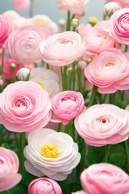 Foto belas composições de flores em cores pastel rosa e branco ranúnculo perfeitamente para aniversário dia da mulher aniversário e dia dos namorados