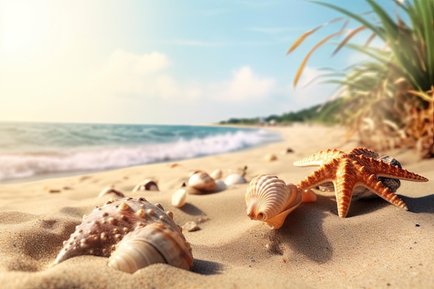 Belas conchas na praia de areia Generative AI