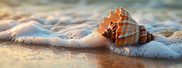 Foto belas conchas na praia foco seletivo ia generativa