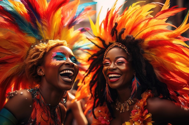 Belas dançarinas do carnaval de Samba brasileiras vestindo trajes de penas coloridas desfile de rua na cidade