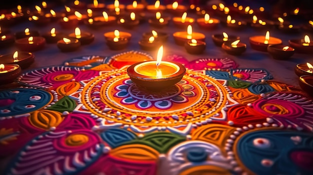 Belas decorações de chão de Diwali com Diya e Rangoli Celebração de diwali com luzes