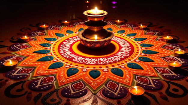 Belas decorações de chão de Diwali com Diya e Rangoli Celebração de diwali com luzes