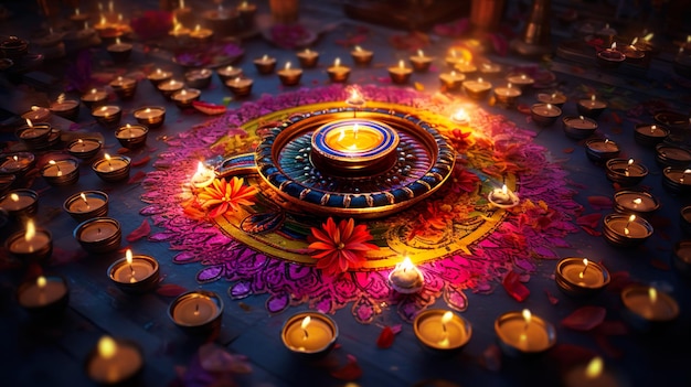 Belas decorações de chão de Diwali com Diya e Rangoli Celebração de diwali com luzes