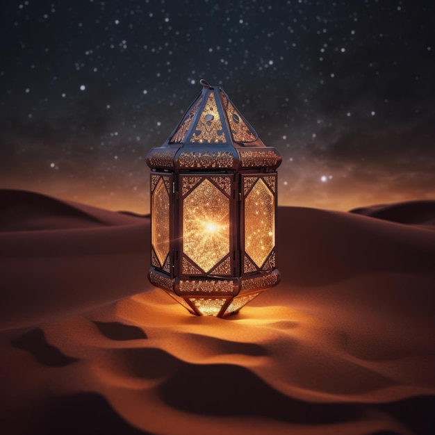 Belas decorações de lanternas colocadas no chão de areia do deserto sob um céu estrelado noite generativa ai