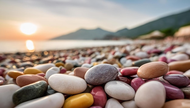 Foto belas e coloridas pedras na praia pedras lisas em close-up