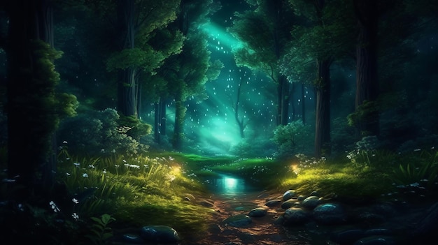 Belas fantasias verdes floresta noite fada ao ar livre