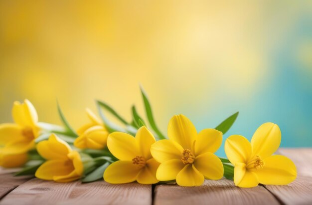 Foto belas flores amarelas frescas com folhas em fundo amarelo brilhante espaço de cópia