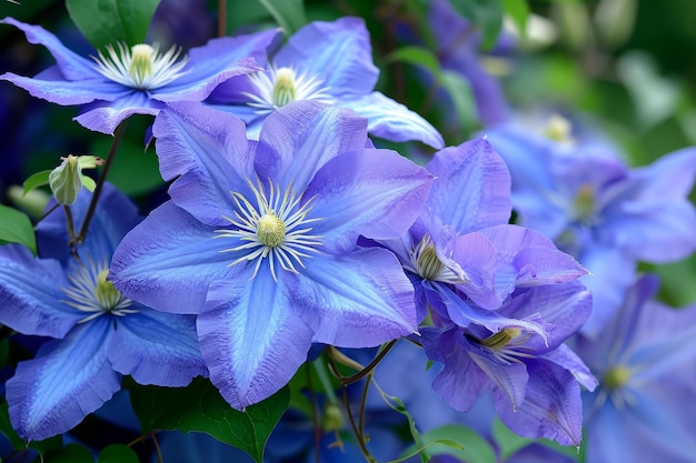 Belas flores azuis e grandes de clematis