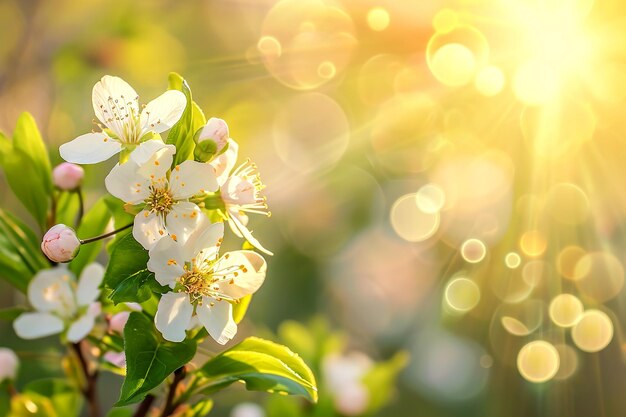 Foto belas flores brancas de uma maçã em um galho aos raios do sol